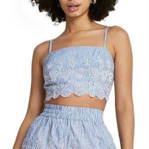 River Island Blue White Eyelet Stripe Broderie Crop Top US 12
